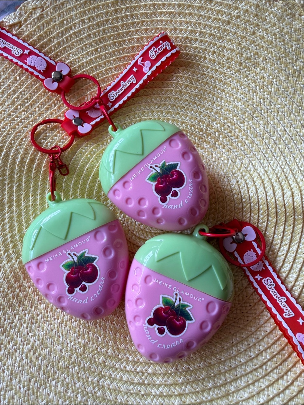Glamour Pink & Green Strawberry Cherry Hand Cream Keychain Set with Red Strap